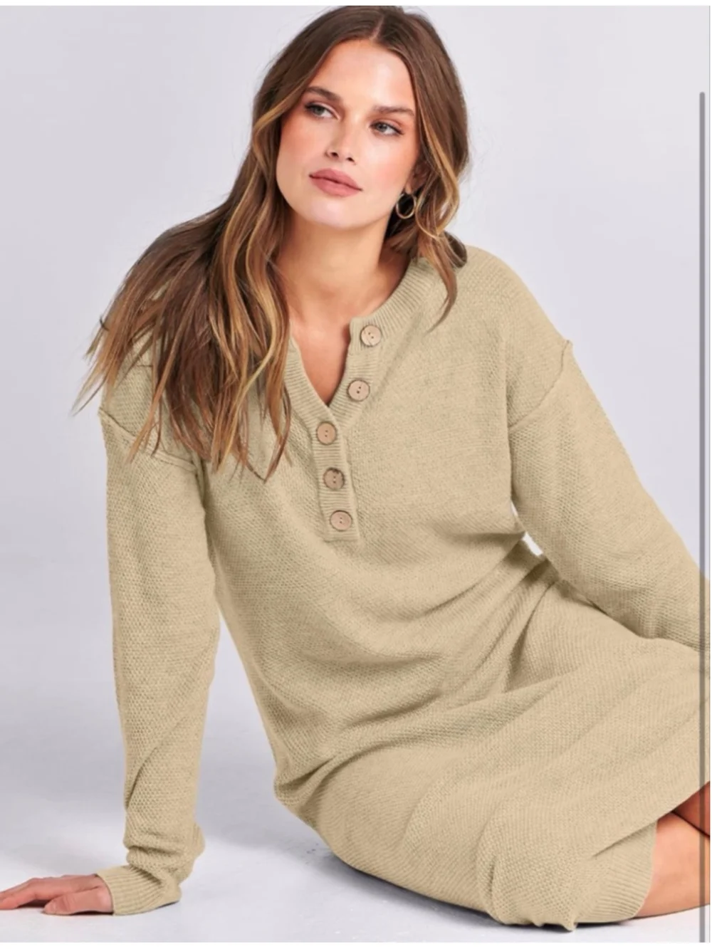 NEW ANRABESS Long Sleeve Button V Neck Oversized Sweater Waffle Midi Dress M - Picture 6 of 6